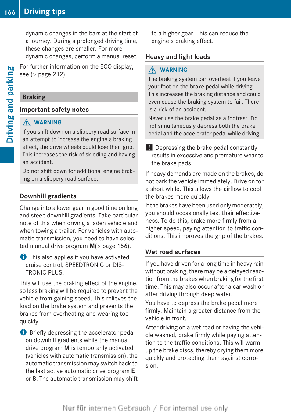 Braking, Information, see driving tips, Gear | Driving and parking, Driving tips | Mercedes-Benz 2013 CLA Class User Manual | Page 168 / 352