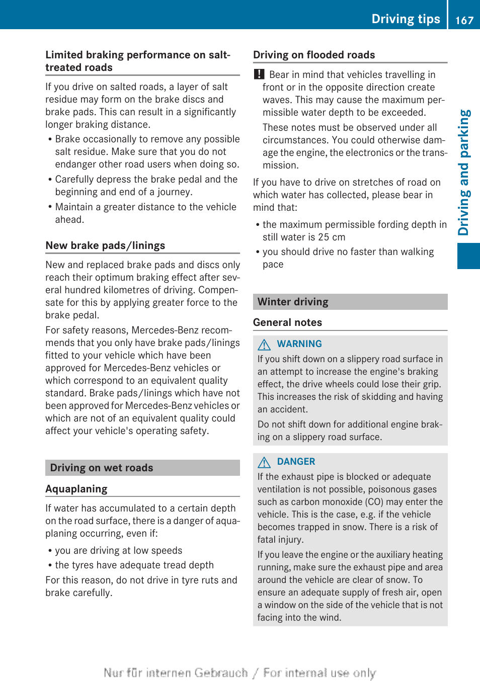 Driving on wet roads, Winter driving, Driving and parking | Driving tips | Mercedes-Benz 2013 CLA Class User Manual | Page 169 / 352