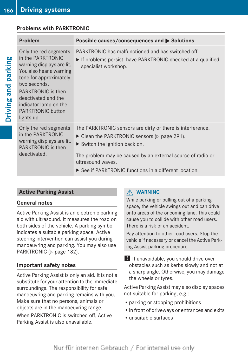 Active parking assist, Driving and parking, Driving systems | Mercedes-Benz 2013 CLA Class User Manual | Page 188 / 352