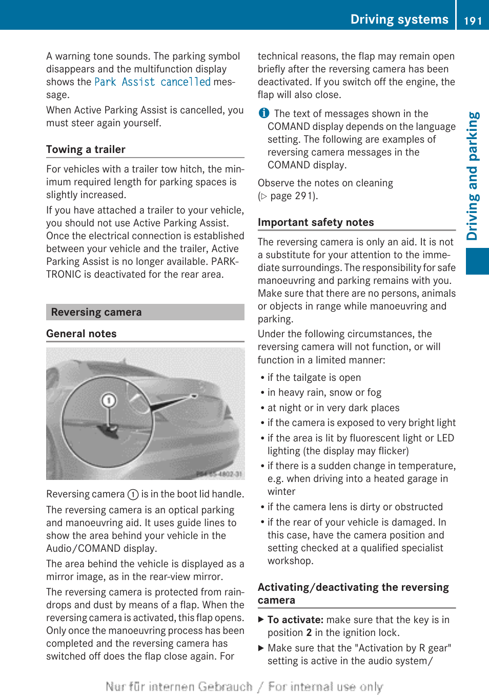 Reversing camera, Driving and parking, Driving systems | Mercedes-Benz 2013 CLA Class User Manual | Page 193 / 352