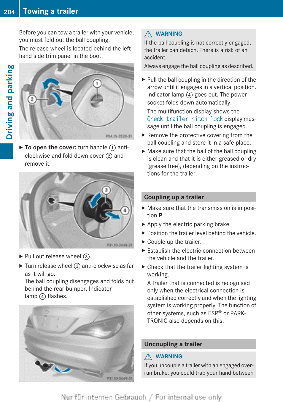 Coupling up a trailer, Uncoupling a trailer, Driving and parking | Towing a trailer | Mercedes-Benz 2013 CLA Class User Manual | Page 206 / 352