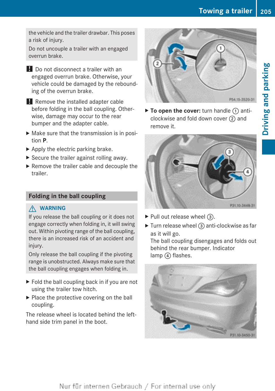 Folding in the ball coupling, Driving and parking, Towing a trailer | Mercedes-Benz 2013 CLA Class User Manual | Page 207 / 352