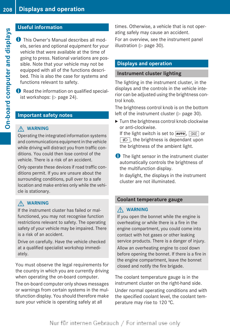 On-board computer and displays, Useful information, Important safety notes | Displays and operation, Instrument cluster lighting, Coolant temperature gauge | Mercedes-Benz 2013 CLA Class User Manual | Page 210 / 352