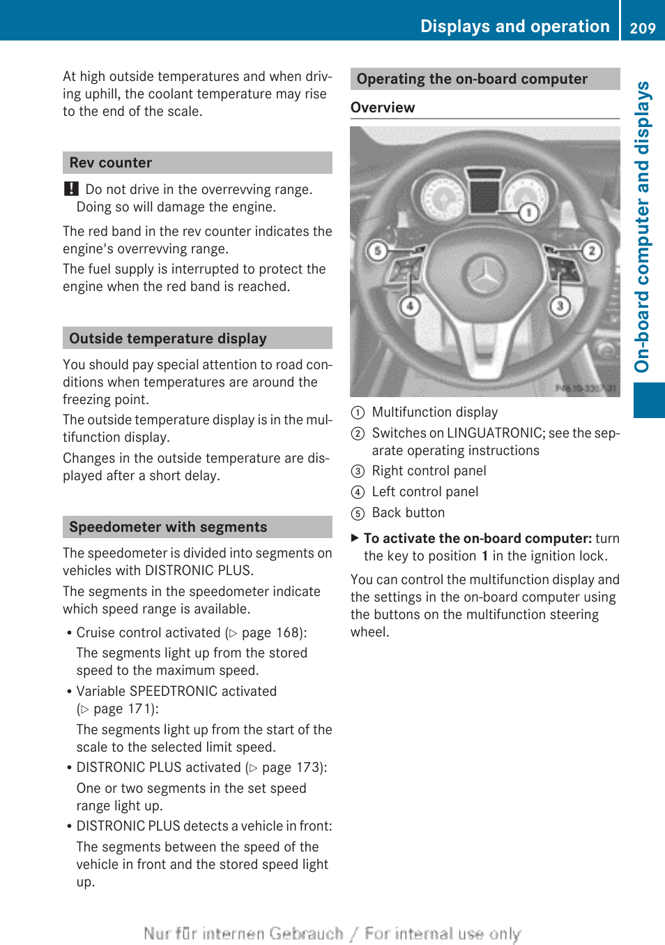 Rev counter, Outside temperature display, Speedometer with segments | Operating the on-board computer, On-board computer and displays, Displays and operation | Mercedes-Benz 2013 CLA Class User Manual | Page 211 / 352