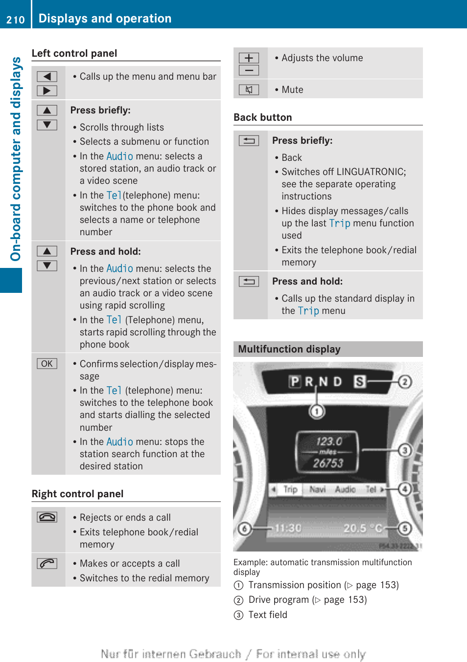 Multifunction display, On-board computer and displays, Displays and operation | Mercedes-Benz 2013 CLA Class User Manual | Page 212 / 352