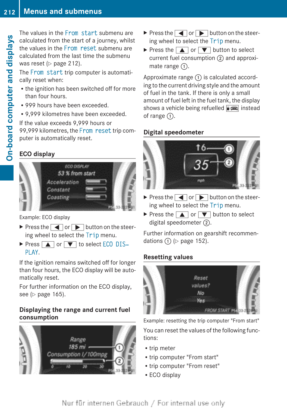 On-board computer and displays, Menus and submenus | Mercedes-Benz 2013 CLA Class User Manual | Page 214 / 352