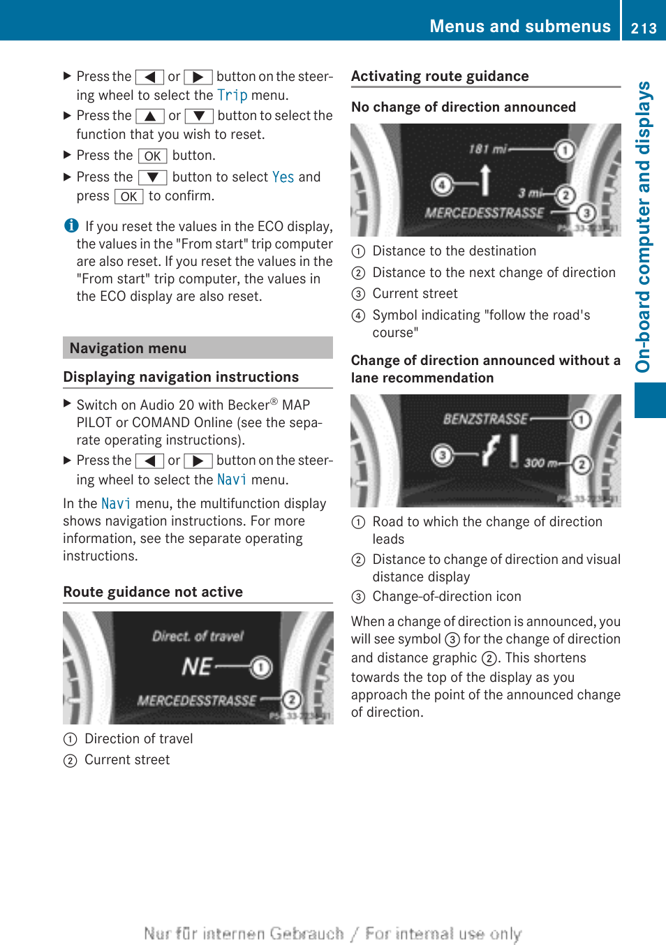 Navigation menu, On-board computer and displays, Menus and submenus | Mercedes-Benz 2013 CLA Class User Manual | Page 215 / 352