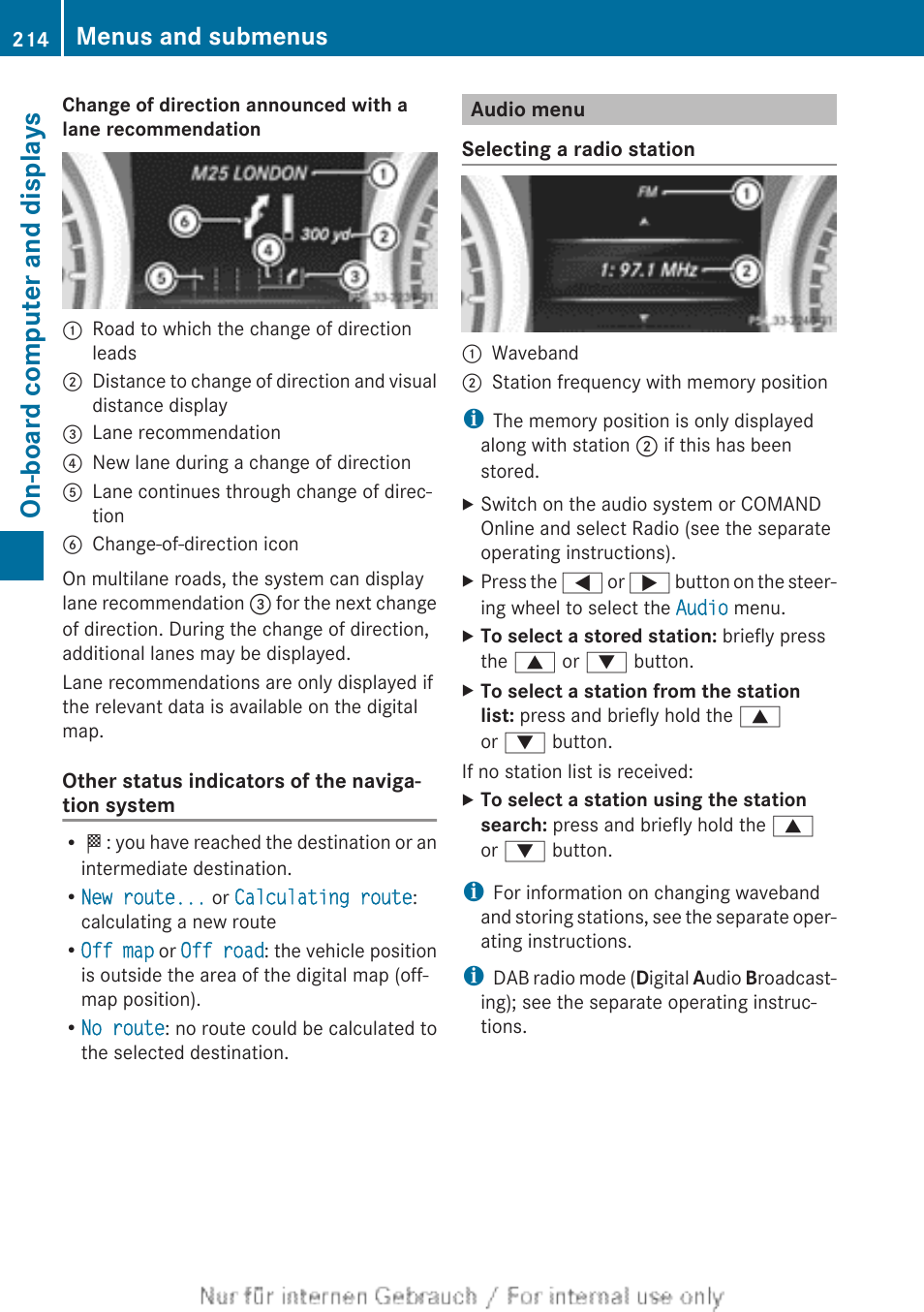 Audio menu, Menu, On-board computer and displays | Menus and submenus | Mercedes-Benz 2013 CLA Class User Manual | Page 216 / 352