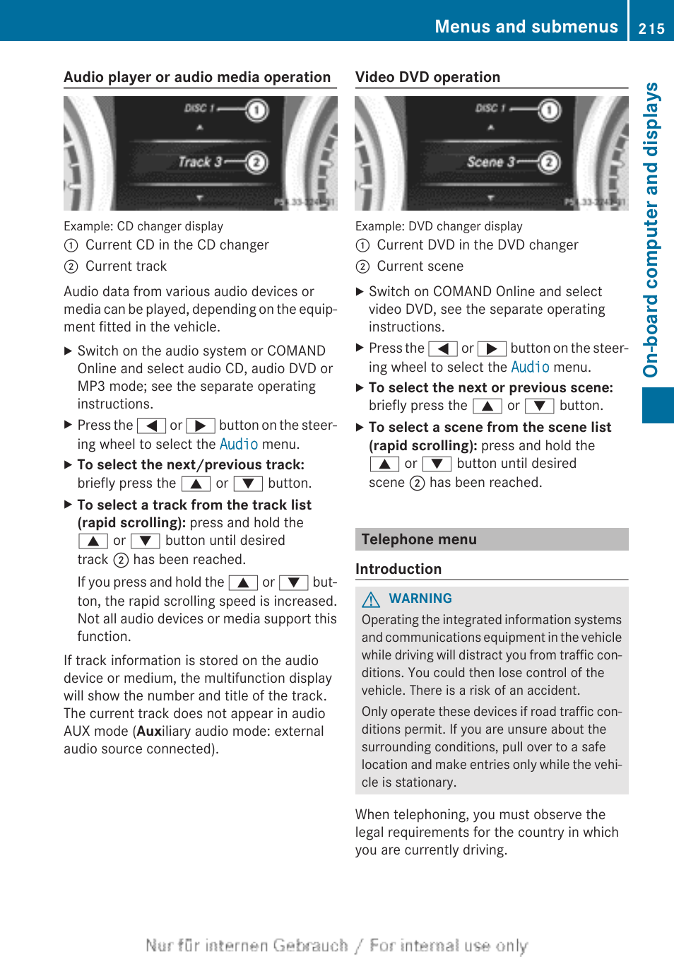 Telephone menu, Telephone) menu, On-board computer and displays | Menus and submenus | Mercedes-Benz 2013 CLA Class User Manual | Page 217 / 352