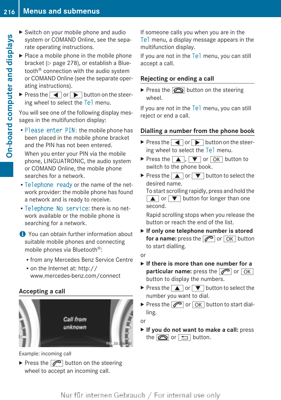 On-board computer and displays, Menus and submenus | Mercedes-Benz 2013 CLA Class User Manual | Page 218 / 352