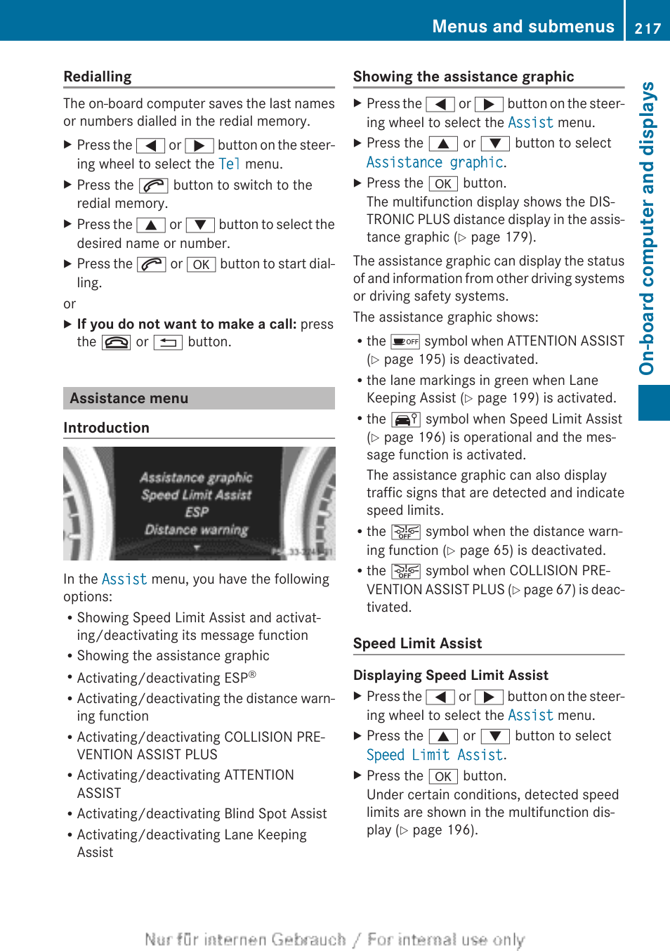 Assistance menu, On-board computer, Assistance) menu | On-board computer and displays, Menus and submenus | Mercedes-Benz 2013 CLA Class User Manual | Page 219 / 352