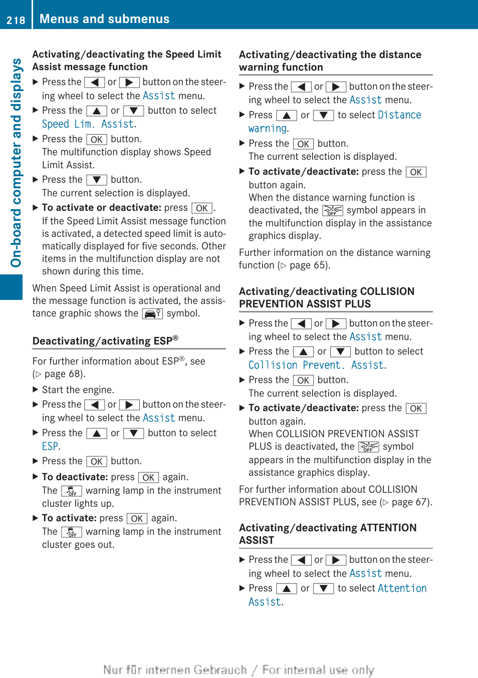 On-board computer, Tional, To deactivate | Board computer, On-board computer and displays, Menus and submenus | Mercedes-Benz 2013 CLA Class User Manual | Page 220 / 352