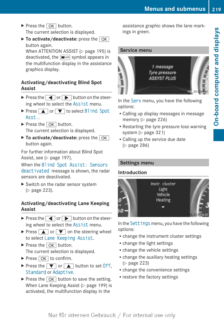 Service menu, Settings menu, Adaptive | Menu, On-board computer and displays, Menus and submenus | Mercedes-Benz 2013 CLA Class User Manual | Page 221 / 352