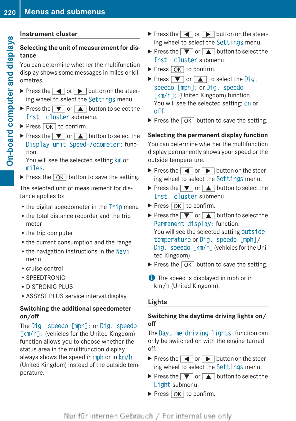 On-board computer, Function, Or speed | On-board computer and displays, Menus and submenus | Mercedes-Benz 2013 CLA Class User Manual | Page 222 / 352