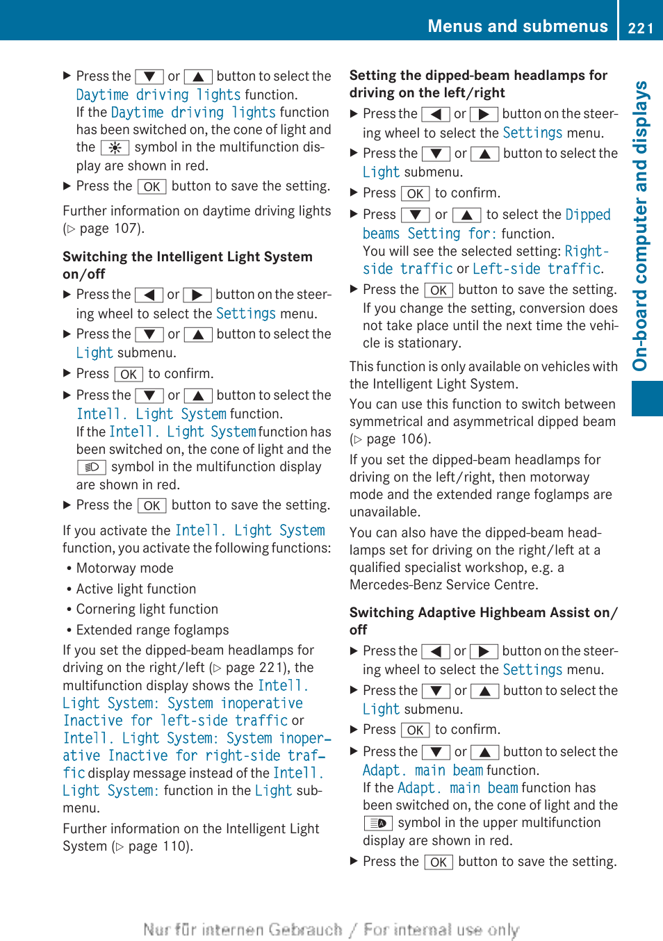 In the on-board computer, Computer, On-board computer and displays | Menus and submenus | Mercedes-Benz 2013 CLA Class User Manual | Page 223 / 352