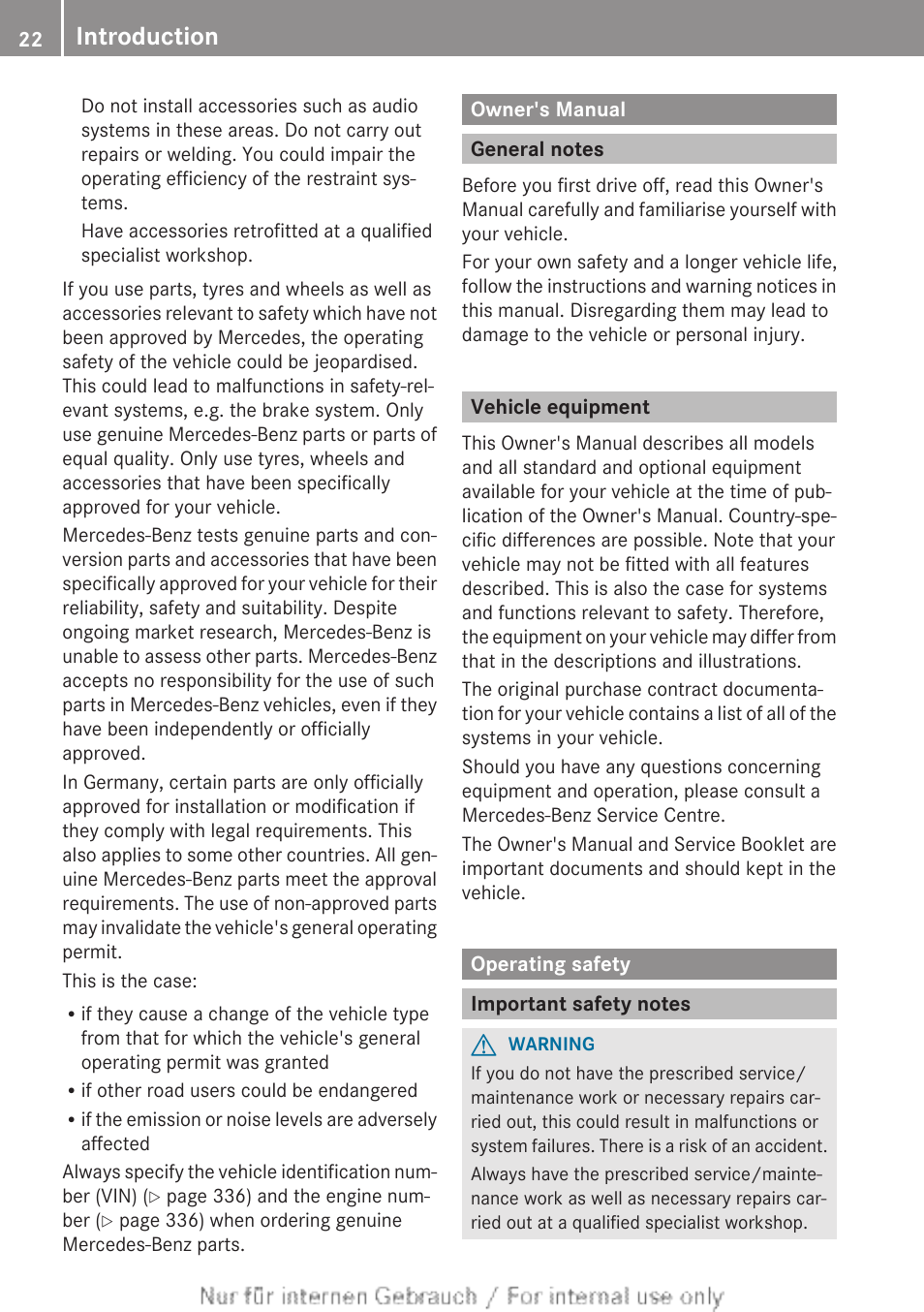 Owner's manual, General notes, Vehicle equipment | Operating safety, Important safety notes, Introduction | Mercedes-Benz 2013 CLA Class User Manual | Page 24 / 352