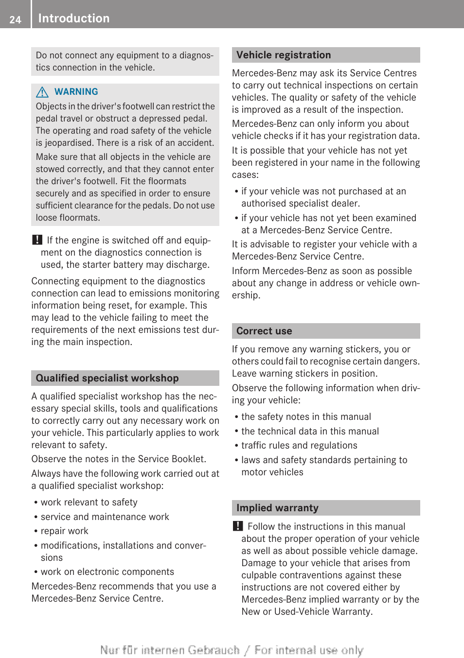 Qualified specialist workshop, Vehicle registration, Correct use | Implied warranty, Introduction | Mercedes-Benz 2013 CLA Class User Manual | Page 26 / 352