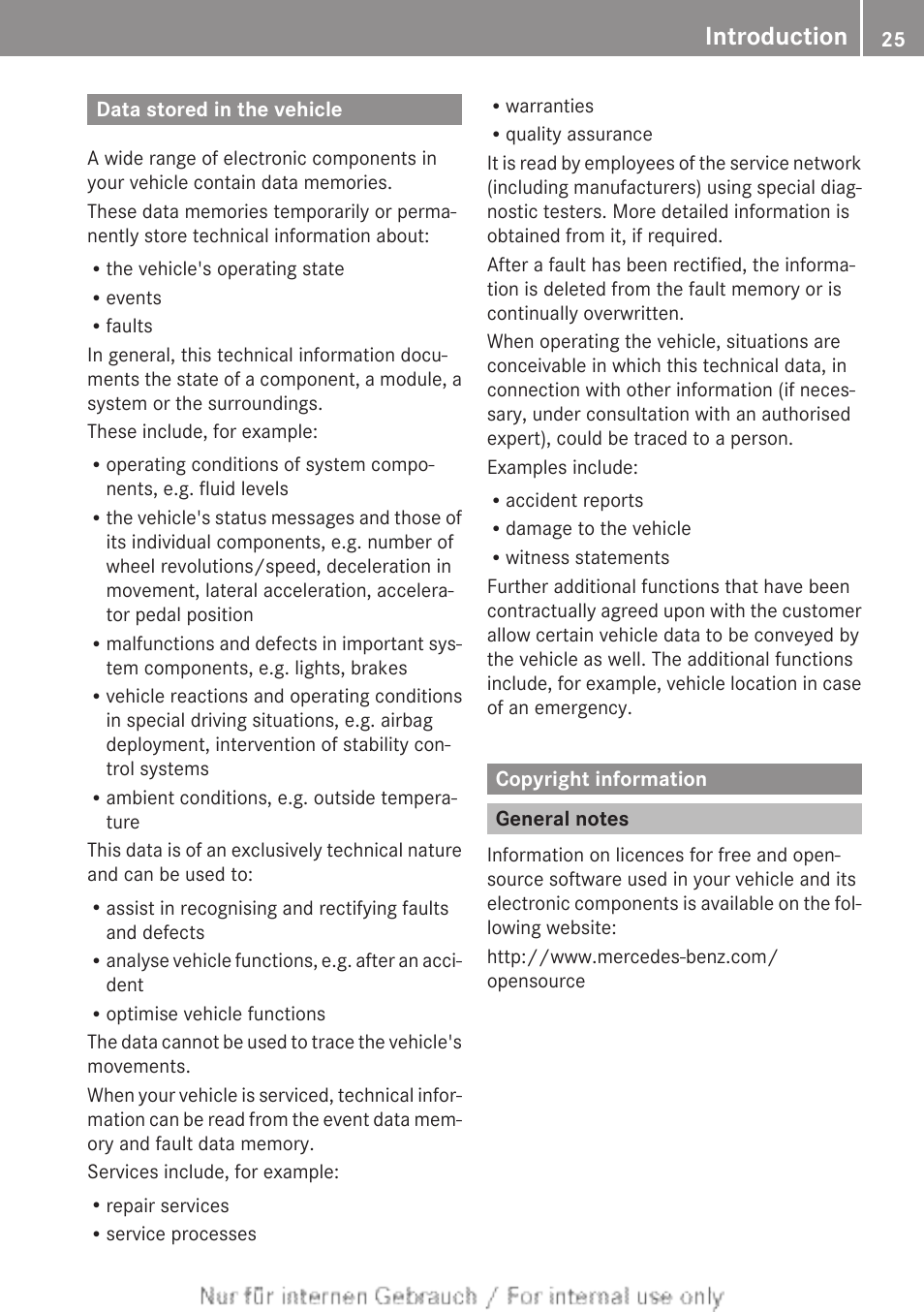 Data stored in the vehicle, Copyright information, General notes | Introduction | Mercedes-Benz 2013 CLA Class User Manual | Page 27 / 352