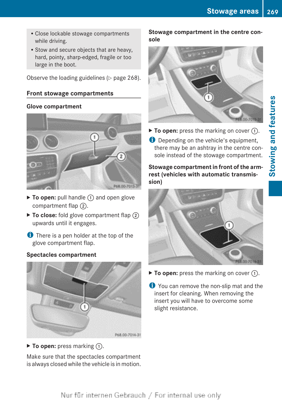 Stowing and features, Stowage areas | Mercedes-Benz 2013 CLA Class User Manual | Page 271 / 352