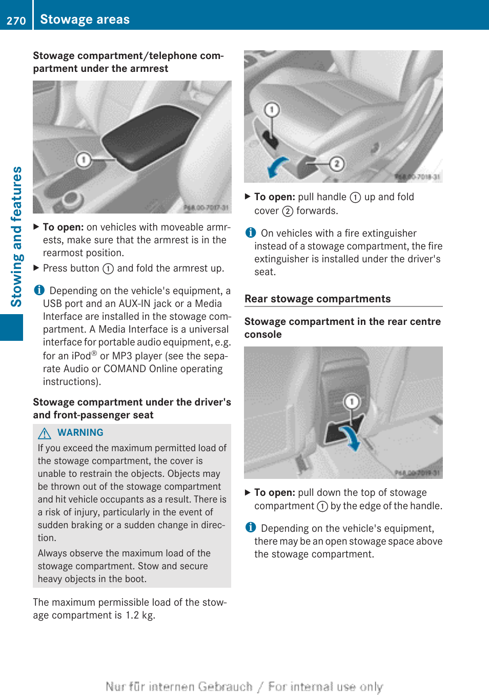 Stowing and features, Stowage areas | Mercedes-Benz 2013 CLA Class User Manual | Page 272 / 352