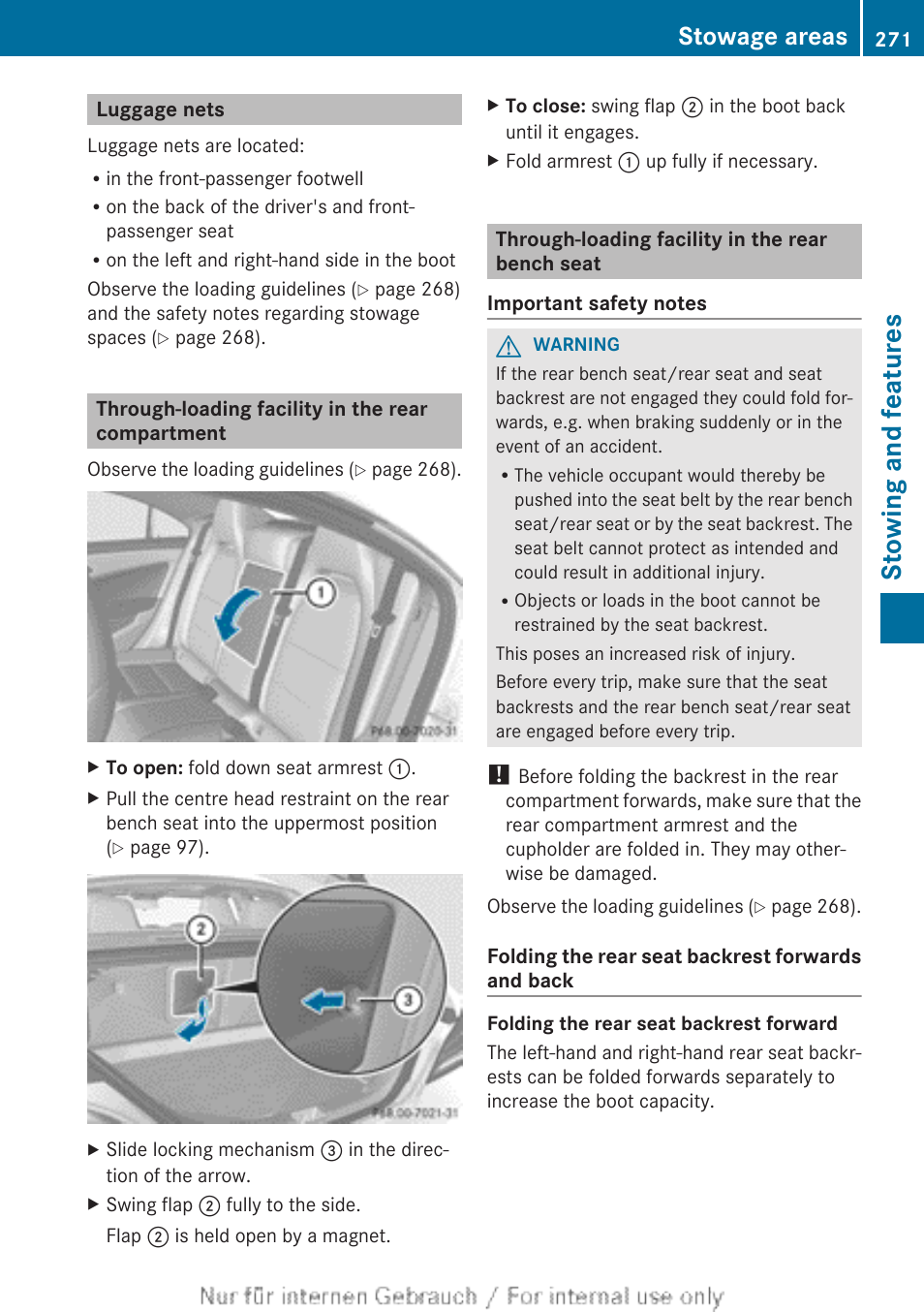 Luggage nets, Through-loading facility in the rear compartment, Through-loading facility in the rear bench seat | Stowing and features, Stowage areas | Mercedes-Benz 2013 CLA Class User Manual | Page 273 / 352