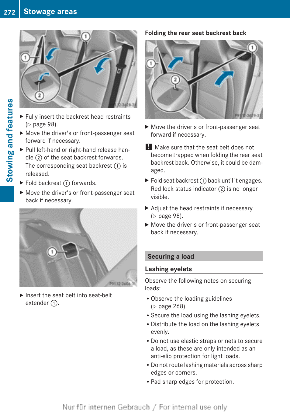 Securing a load, Stowing and features, Stowage areas | Mercedes-Benz 2013 CLA Class User Manual | Page 274 / 352