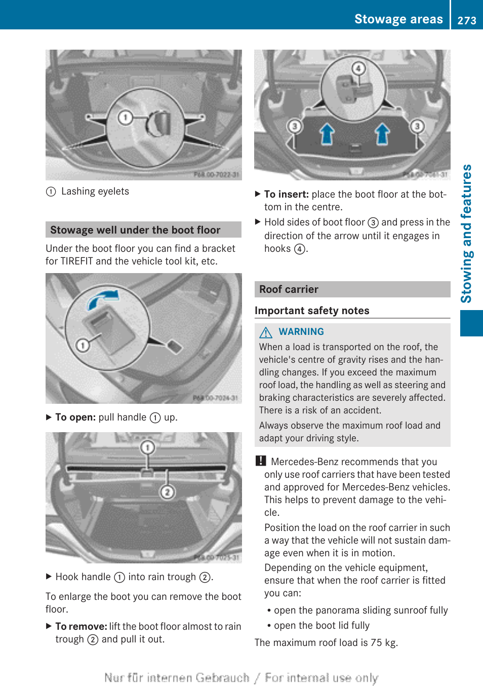 Stowage well under the boot floor, Roof carrier, Stowing and features | Stowage areas | Mercedes-Benz 2013 CLA Class User Manual | Page 275 / 352