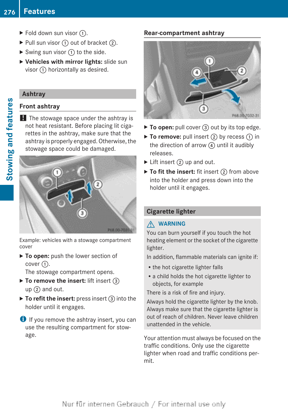 Ashtray, Cigarette lighter, Stowing and features | Features | Mercedes-Benz 2013 CLA Class User Manual | Page 278 / 352