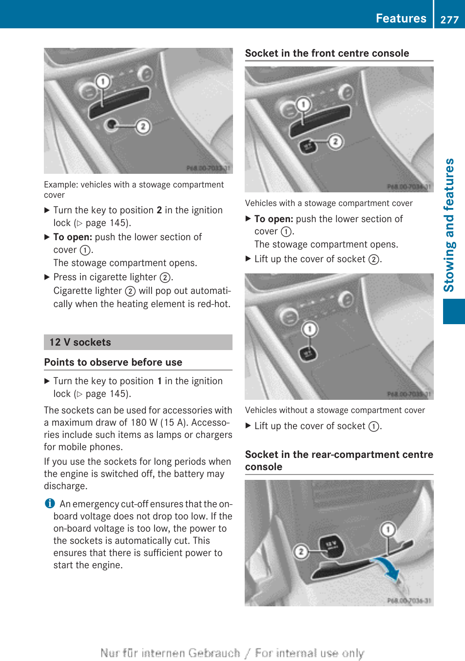 12 v sockets, Stowing and features, Features | Mercedes-Benz 2013 CLA Class User Manual | Page 279 / 352