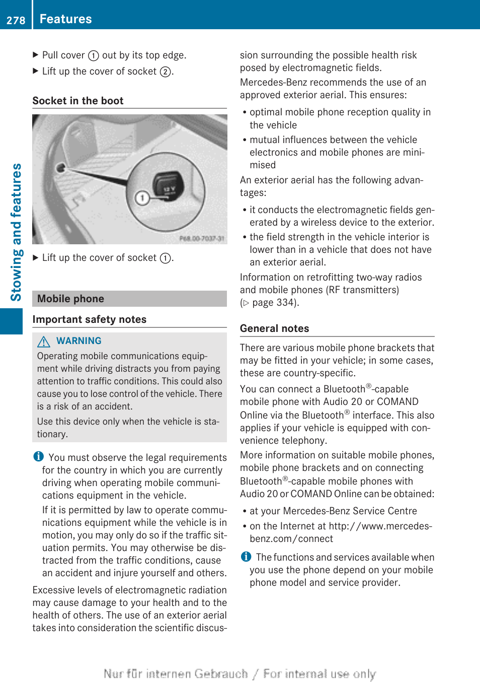 Mobile phone, Stowing and features, Features | Mercedes-Benz 2013 CLA Class User Manual | Page 280 / 352