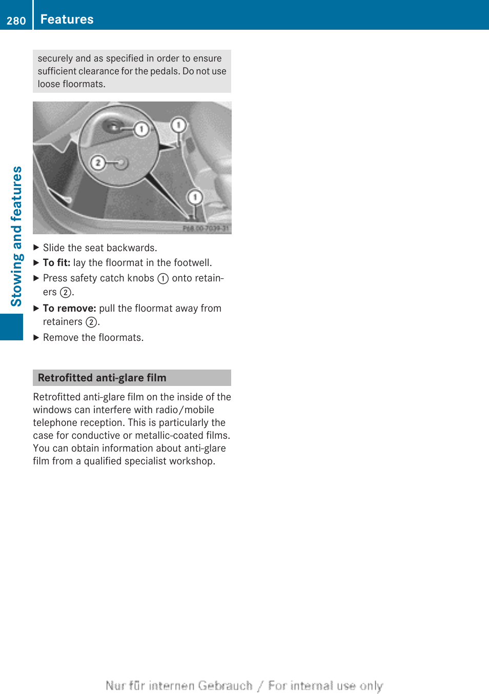 Retrofitted anti-glare film, Stowing and features, Features | Mercedes-Benz 2013 CLA Class User Manual | Page 282 / 352