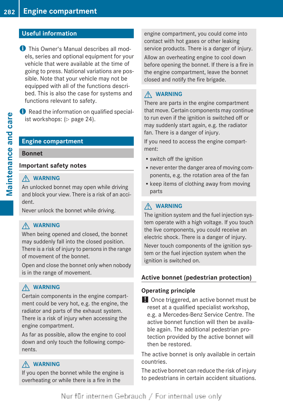 Maintenance and care, Useful information, Engine compartment | Bonnet | Mercedes-Benz 2013 CLA Class User Manual | Page 284 / 352