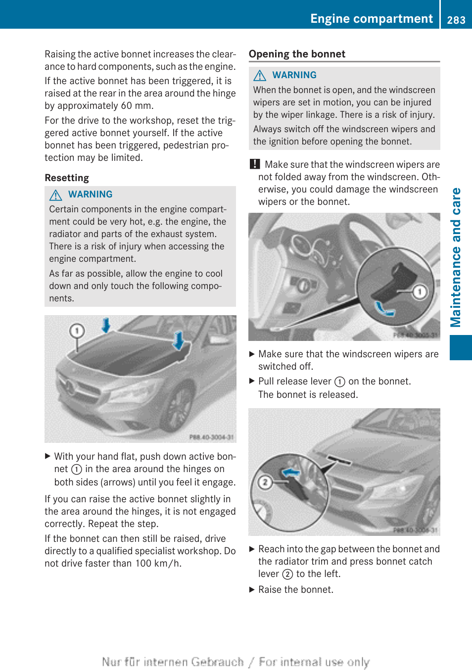 Maintenance and care, Engine compartment | Mercedes-Benz 2013 CLA Class User Manual | Page 285 / 352