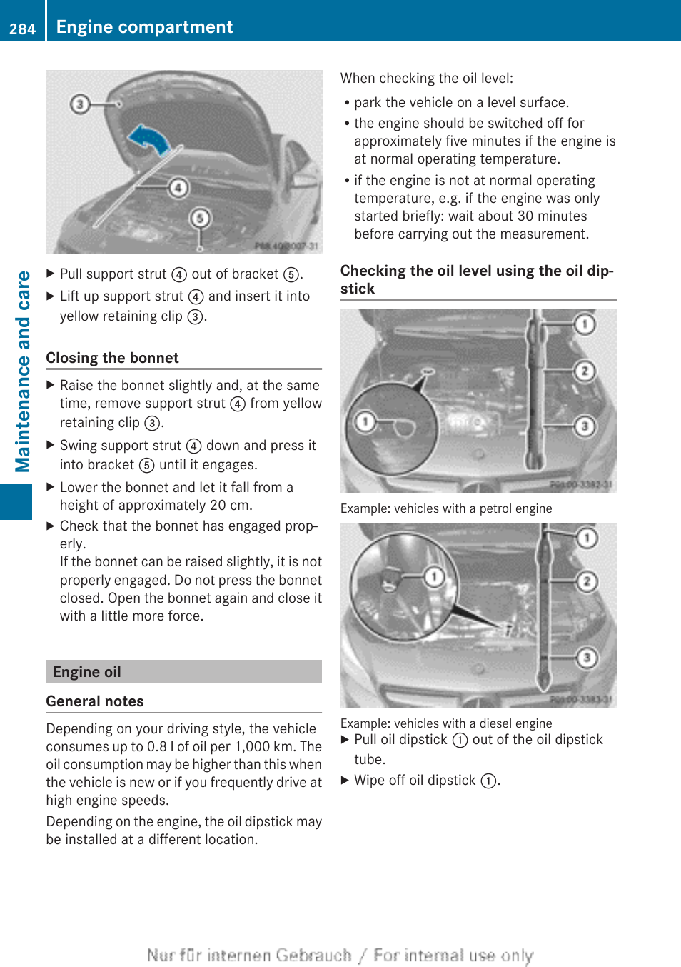 Engine oil, Maintenance and care, Engine compartment | Mercedes-Benz 2013 CLA Class User Manual | Page 286 / 352