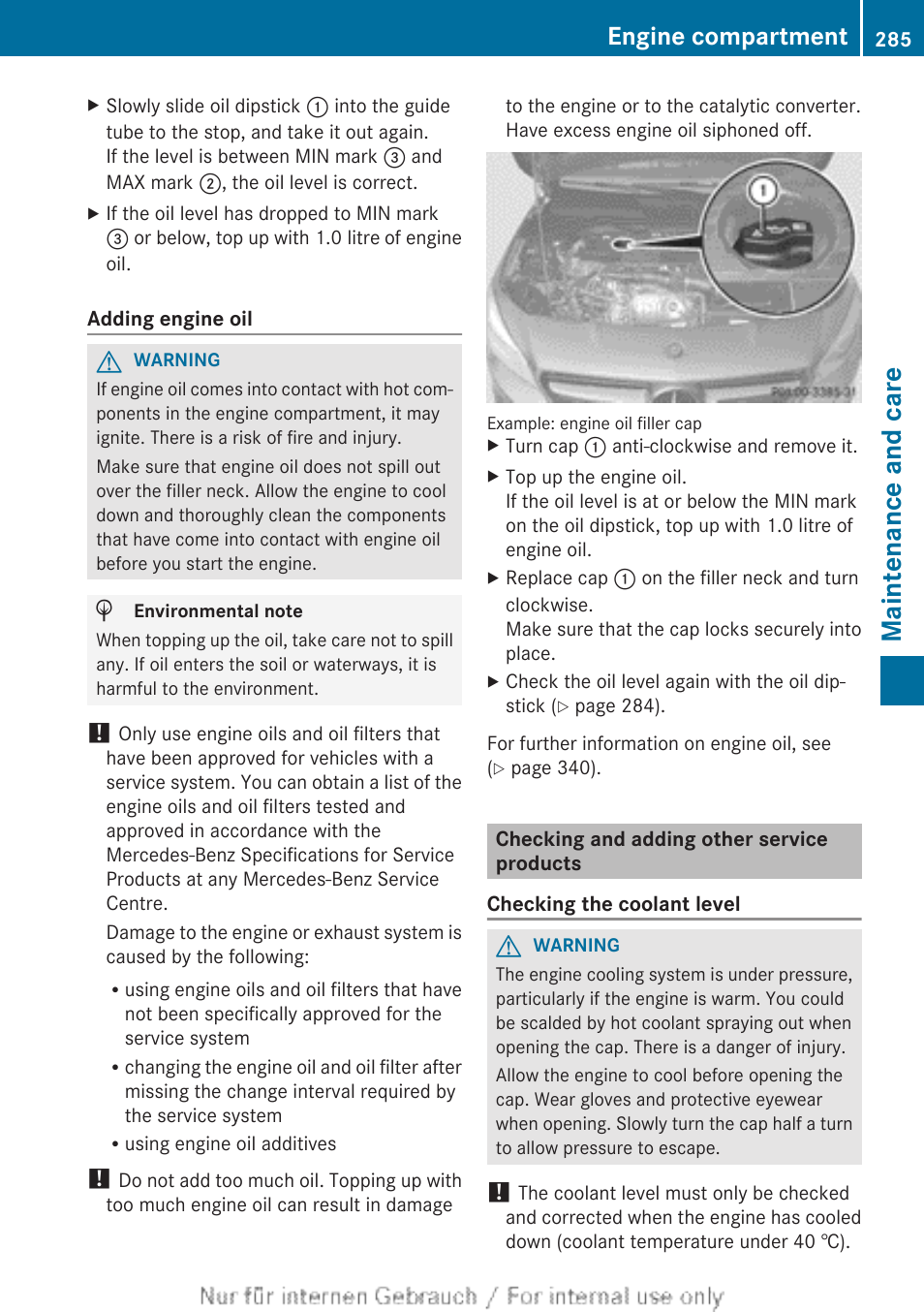 Checking and adding other service products, If necessary, top up the engine oil, Check the coolant level and top up the coolant | Maintenance and care, Engine compartment | Mercedes-Benz 2013 CLA Class User Manual | Page 287 / 352