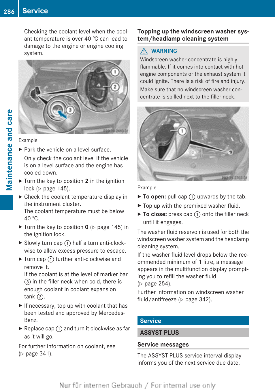 Service, Assyst plus, Top up the washer fluid | Maintenance and care | Mercedes-Benz 2013 CLA Class User Manual | Page 288 / 352