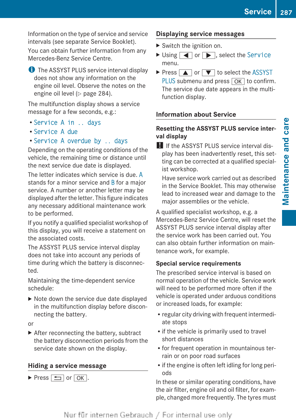 Maintenance and care, Service | Mercedes-Benz 2013 CLA Class User Manual | Page 289 / 352