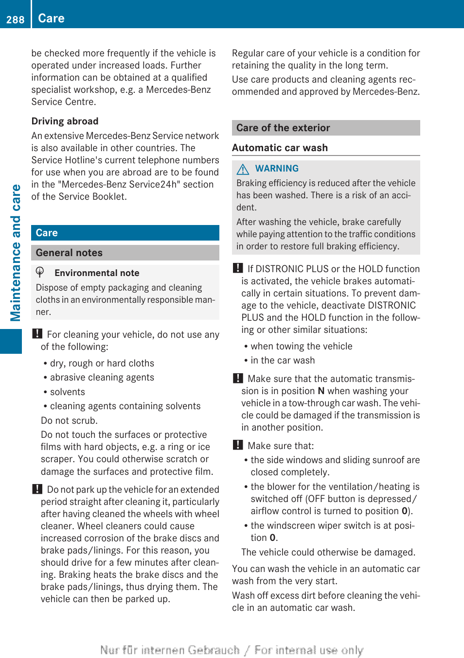 Care, General notes, Care of the exterior | Maintenance and care | Mercedes-Benz 2013 CLA Class User Manual | Page 290 / 352