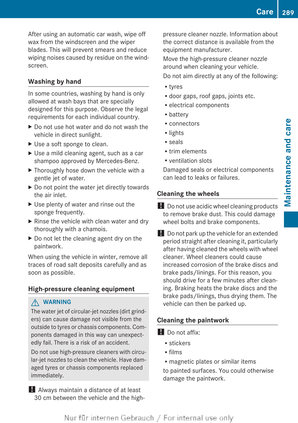 Maintenance and care, Care | Mercedes-Benz 2013 CLA Class User Manual | Page 291 / 352