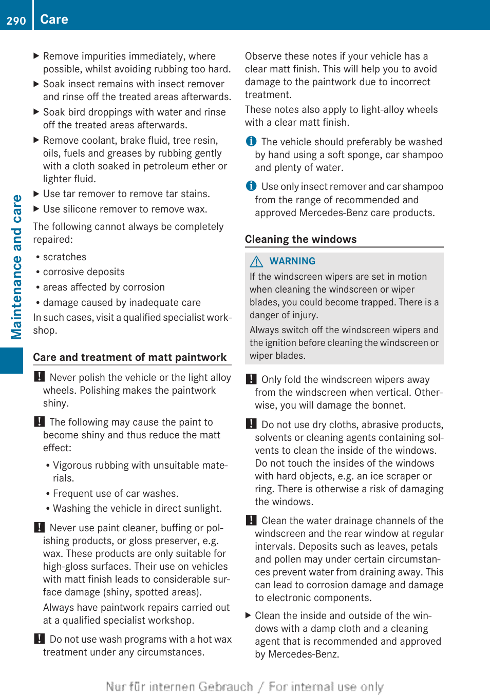 Maintenance and care, Care | Mercedes-Benz 2013 CLA Class User Manual | Page 292 / 352