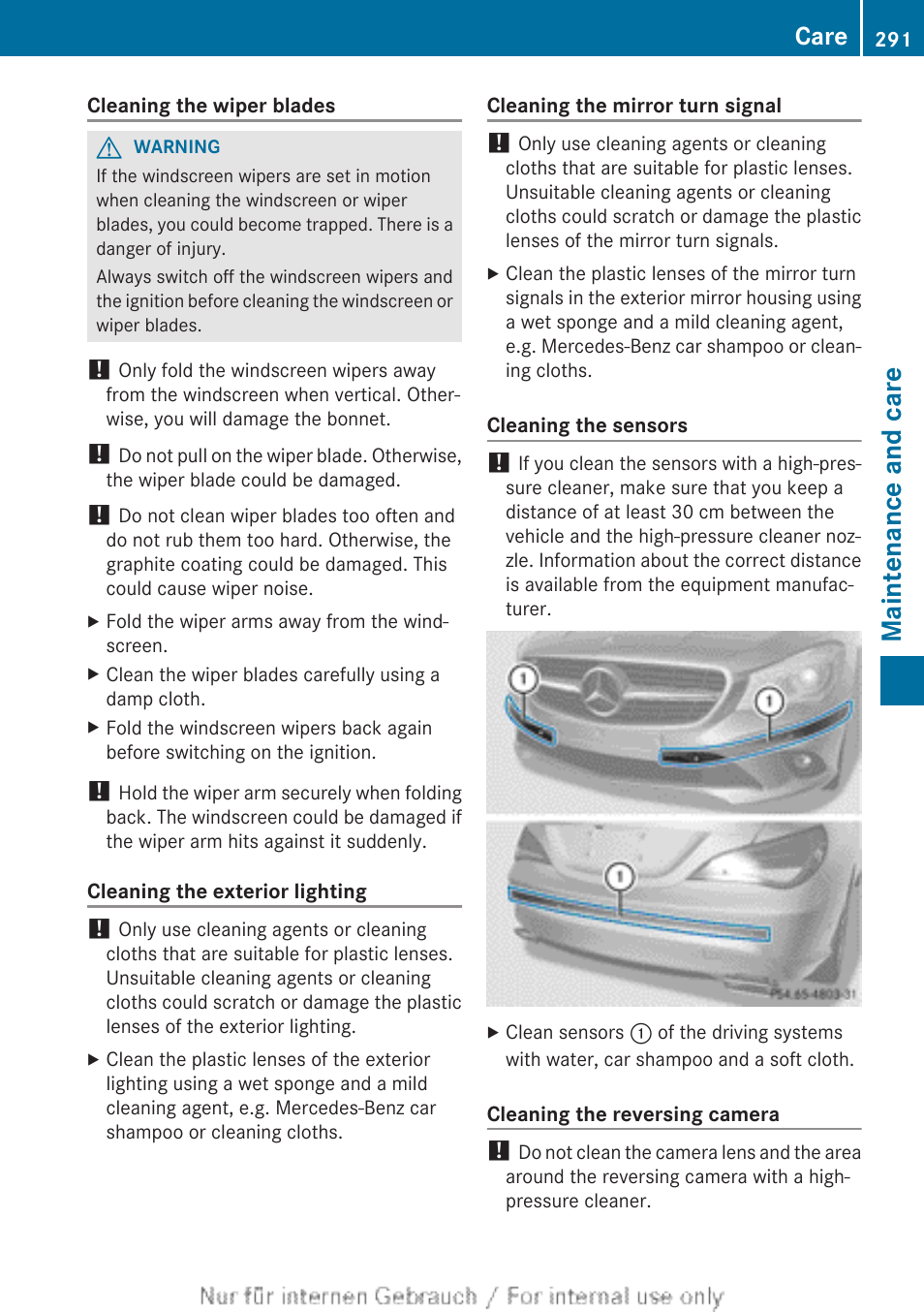 Clean the parktronic sensors, Clean the front bumper, Clean the sensors | Clean the sensors in the radiator trim, Maintenance and care, Care | Mercedes-Benz 2013 CLA Class User Manual | Page 293 / 352