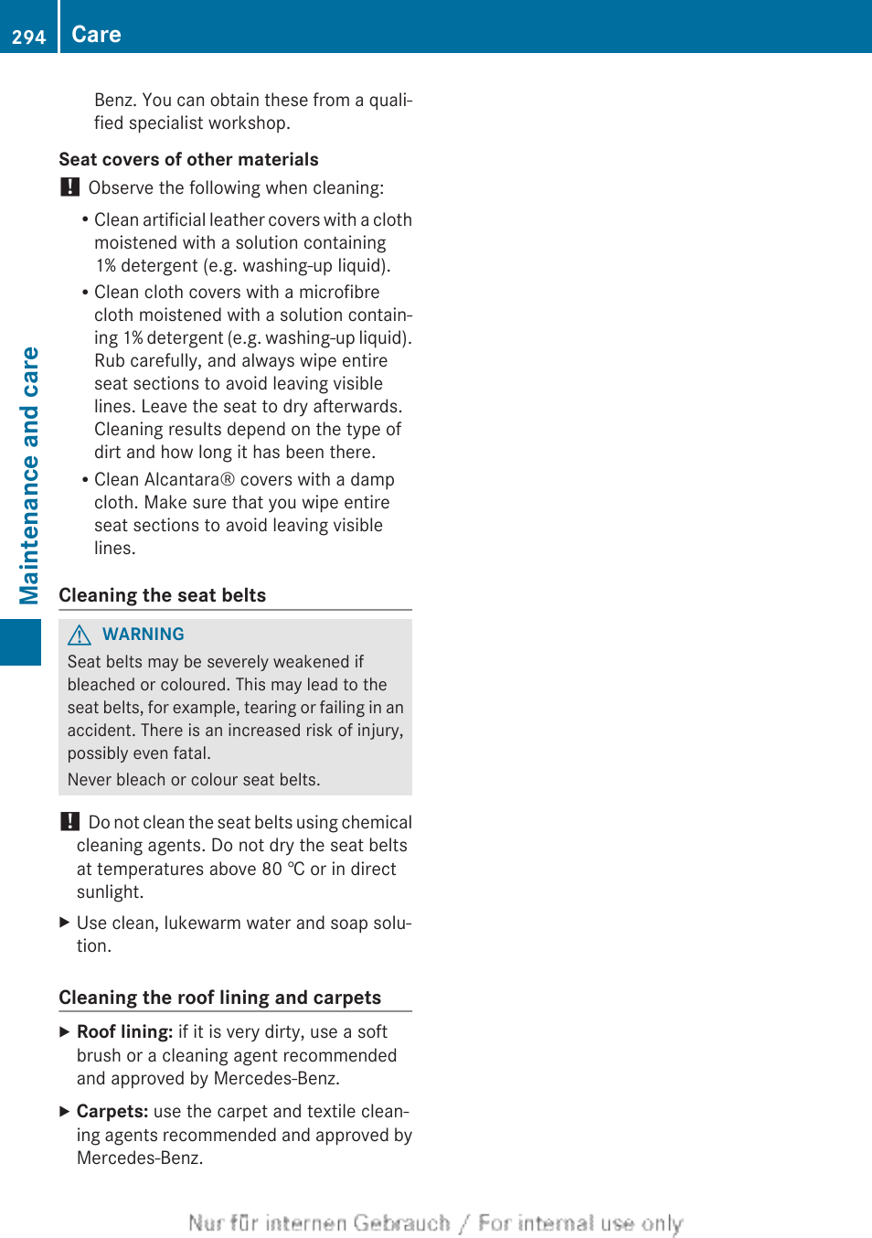 Maintenance and care, Care | Mercedes-Benz 2013 CLA Class User Manual | Page 296 / 352