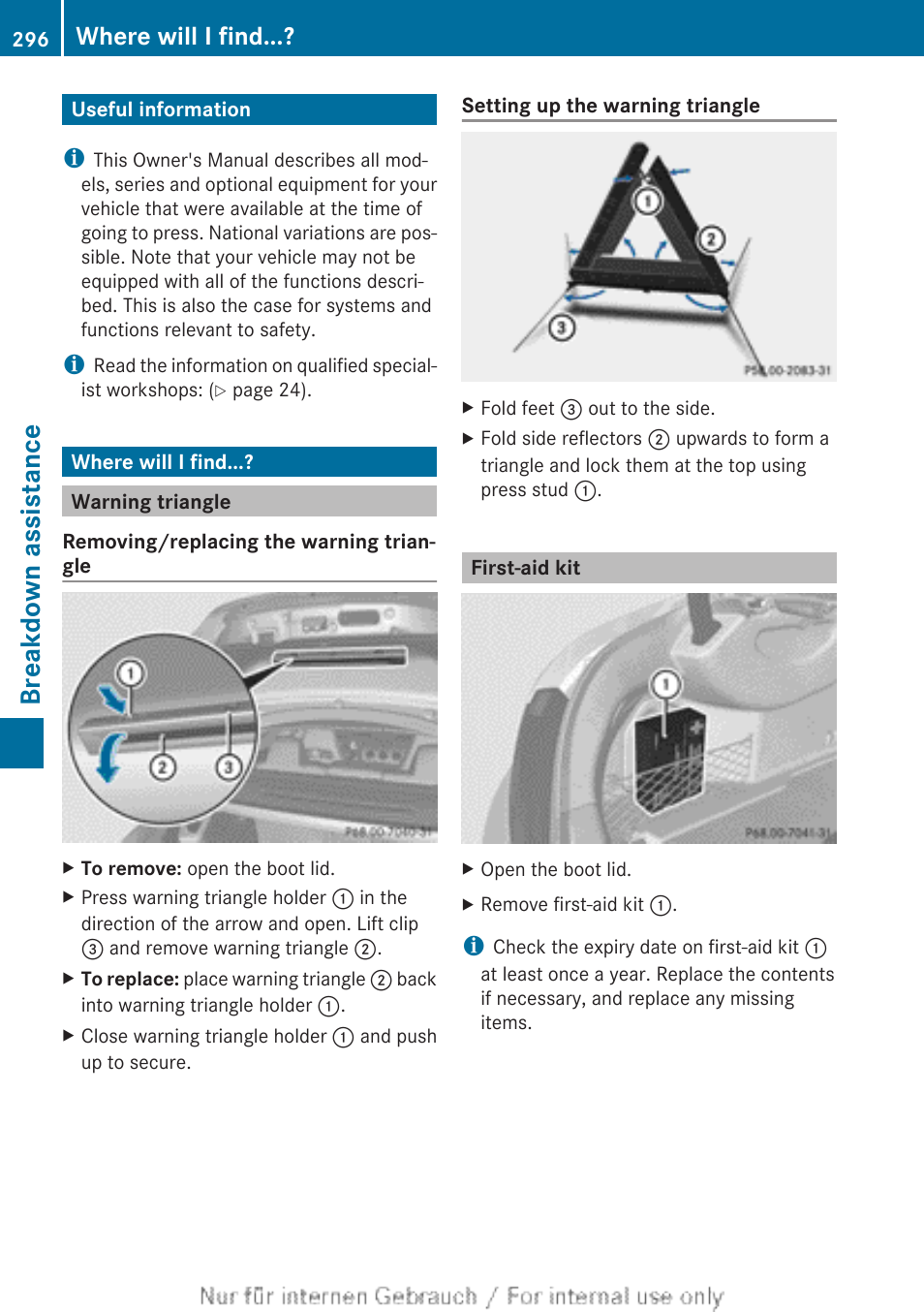 Breakdown assistance, Useful information, Where will i find | Warning triangle, First-aid kit, Useful information where will i find | Mercedes-Benz 2013 CLA Class User Manual | Page 298 / 352