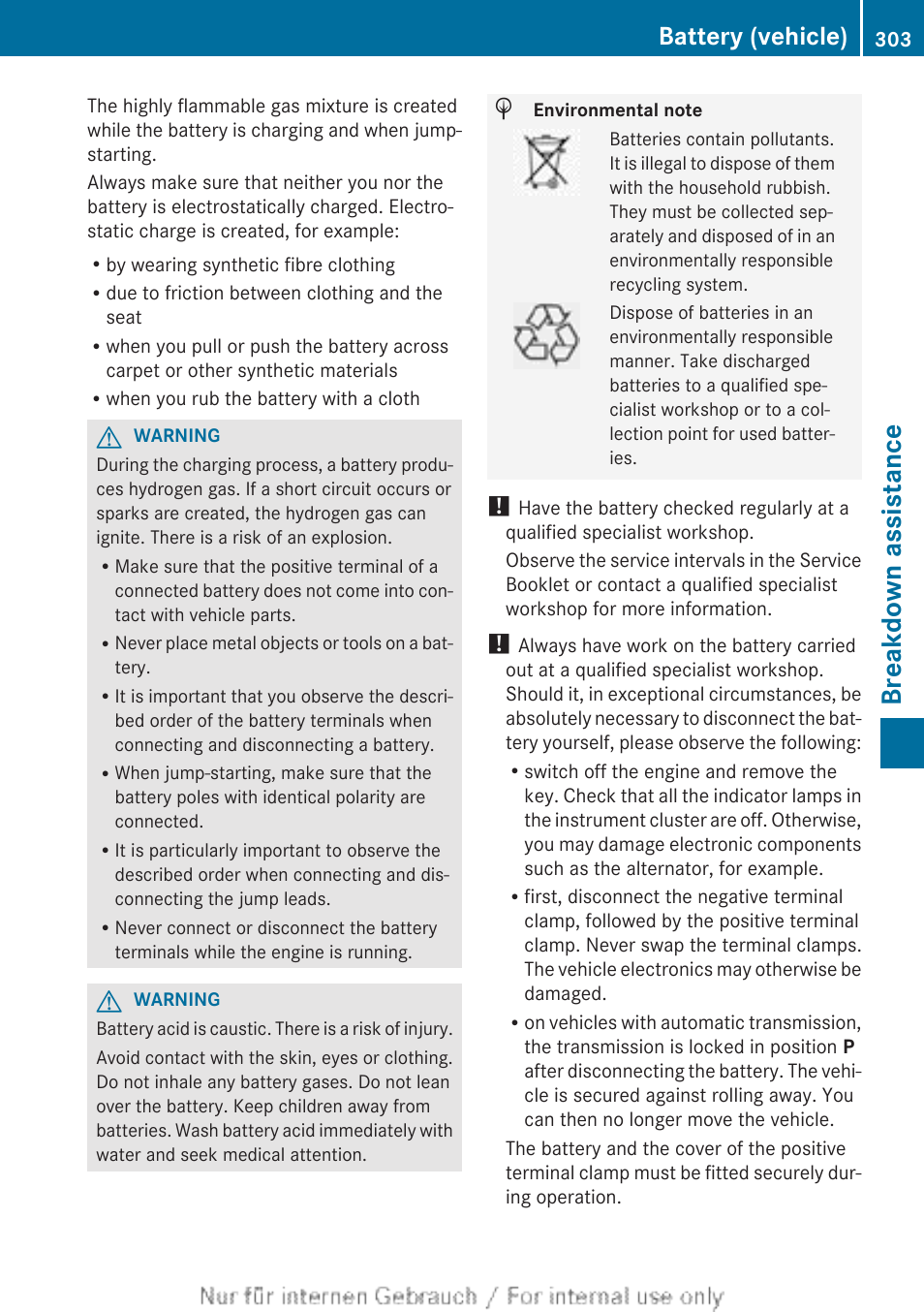 Breakdown assistance, Battery (vehicle) | Mercedes-Benz 2013 CLA Class User Manual | Page 305 / 352