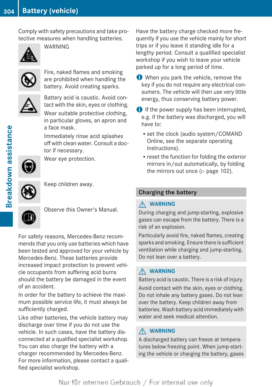 Charging the battery, Breakdown assistance, Battery (vehicle) | Mercedes-Benz 2013 CLA Class User Manual | Page 306 / 352