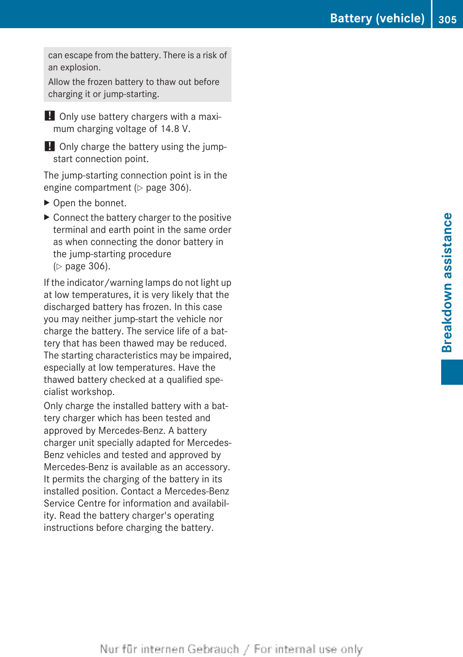 Breakdown assistance, Battery (vehicle) | Mercedes-Benz 2013 CLA Class User Manual | Page 307 / 352