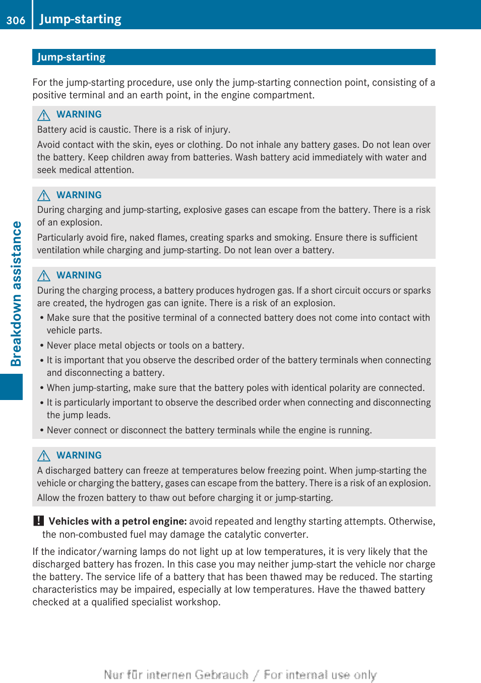 Jump-starting, Jump-start the vehicle, Breakdown assistance | Mercedes-Benz 2013 CLA Class User Manual | Page 308 / 352