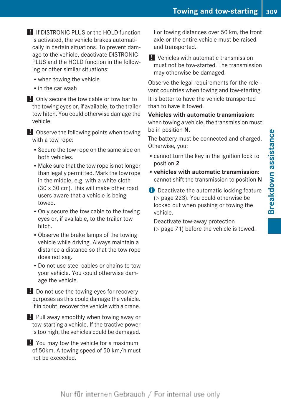 Breakdown assistance, Towing and tow-starting | Mercedes-Benz 2013 CLA Class User Manual | Page 311 / 352