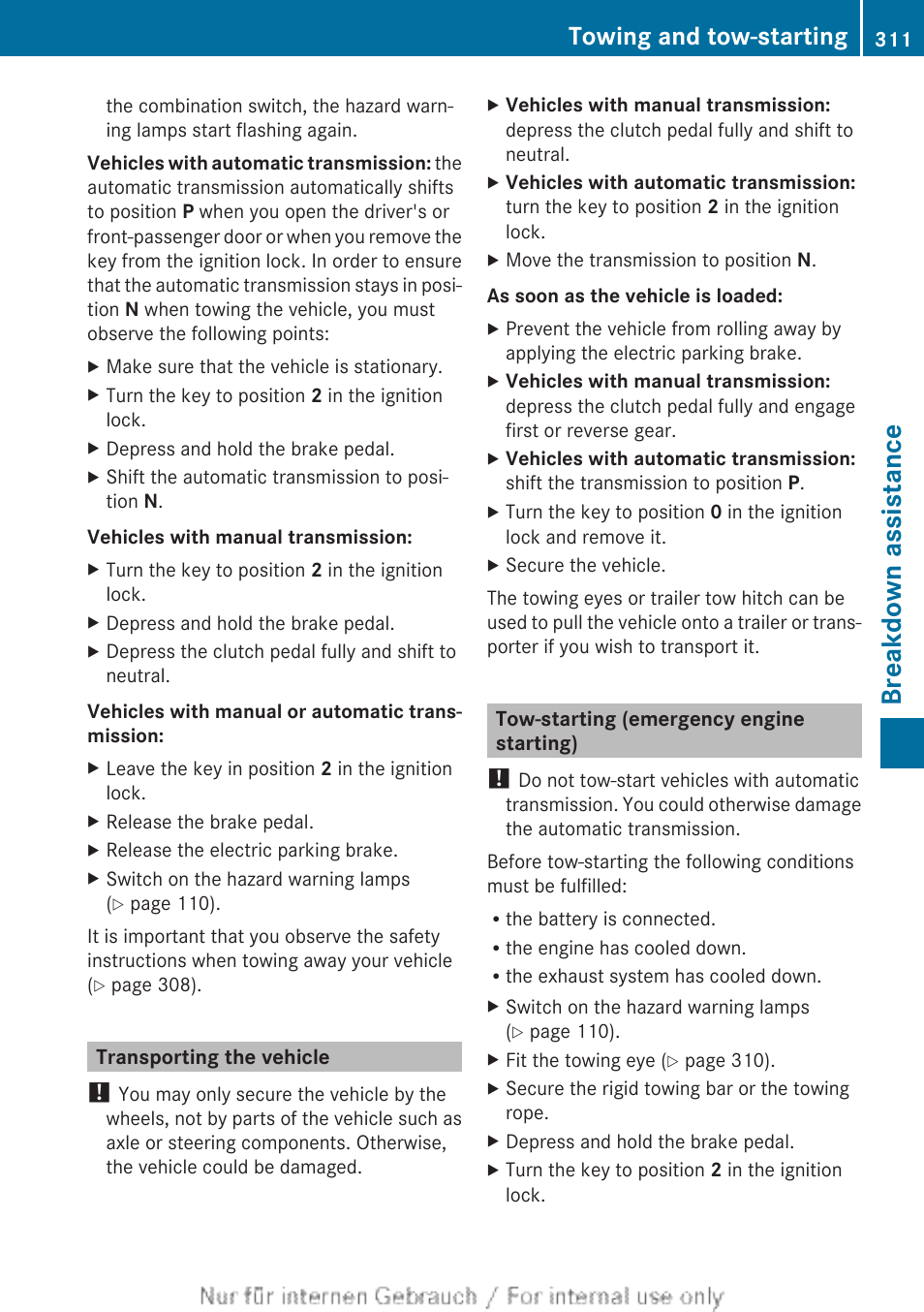 Transporting the vehicle, Tow-starting (emergency engine starting), Tow-starting (vehicle) | Breakdown assistance, Towing and tow-starting | Mercedes-Benz 2013 CLA Class User Manual | Page 313 / 352