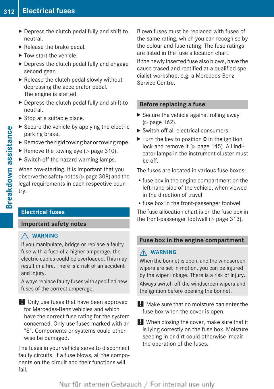 Electrical fuses, Important safety notes, Before replacing a fuse | Fuse box in the engine compartment, Check the fuses, Breakdown assistance | Mercedes-Benz 2013 CLA Class User Manual | Page 314 / 352